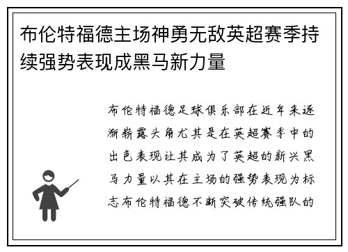 布伦特福德主场神勇无敌英超赛季持续强势表现成黑马新力量